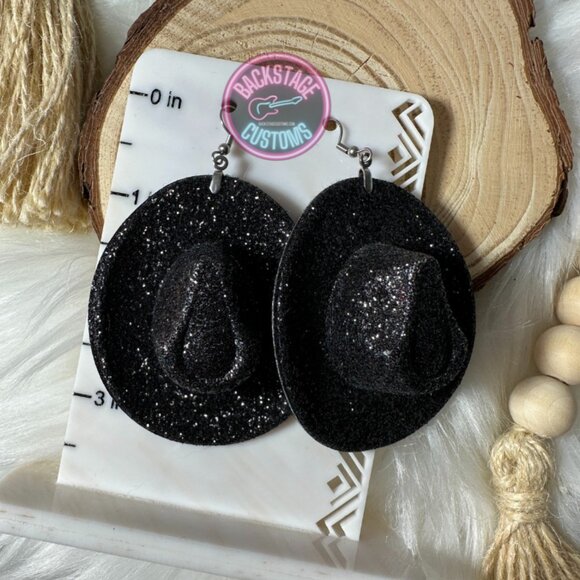 Cowgirl Hat Glitter Dangle Earrings - Picture 3 of 4